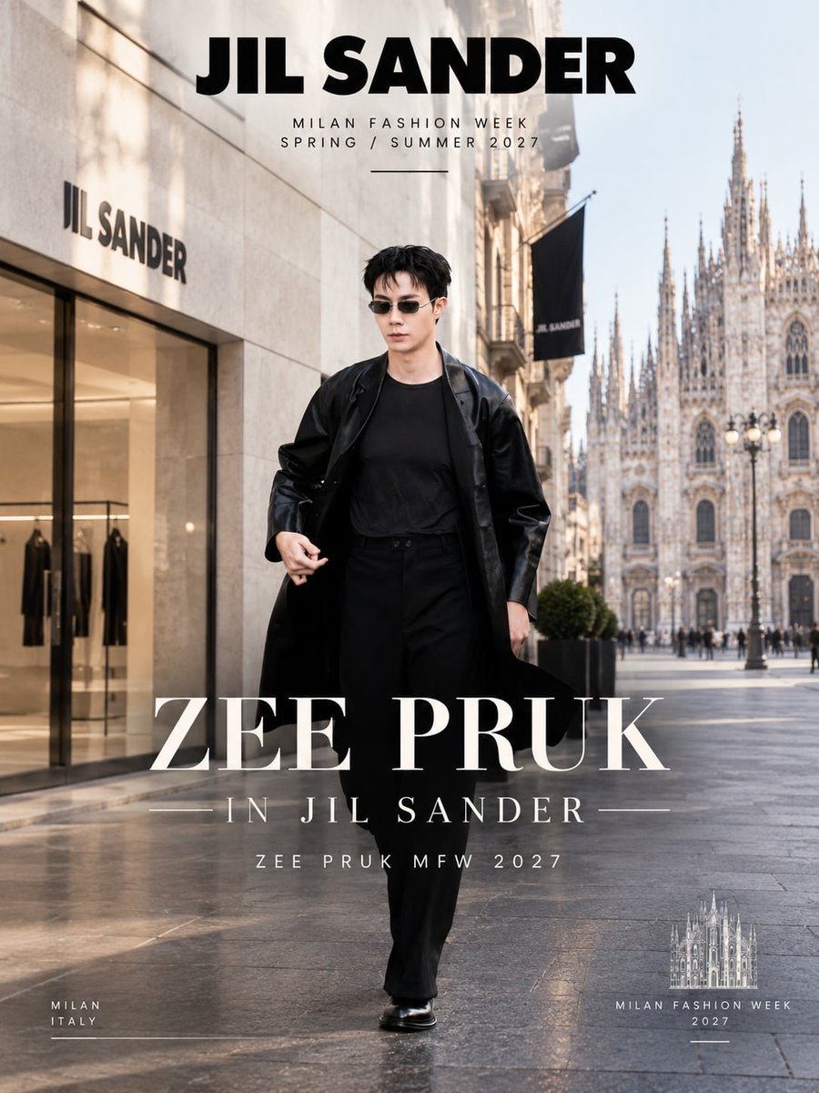 ZeePruk_Spain's tweet photo. ZEE PRUK AT JIL SANDER

Zee Pruk embodies JIL SANDER's signature aesthetic through a refined silhouette that balances clean lines, modern tailoring, and understated sophistication.
For this occasion, Zee dazzles in an impeccable total black look featuring a structured faux-leather long coat, a clean-lined dark basic t-shirt, fluid straight-cut tailored trousers, and sleek avant-garde sunglasses that add a magnetic and mysterious vibe to his walk through Milan.

His stellar appearance comes to life in perfect harmony with the Jil Sander SS 2027 runway show presented today at Milan Fashion Week. A presentation that has once again established the house as the ultimate exponent of silent luxury, architectural precision in design, and unmatched aesthetic purity, where every texture and cut redefines contemporary luxury with absolute mastery.

A true expression of effortless elegance for the Jil Sander SS 2027 show.

WATCH LIVE:
🔗 https://t.co/iLymwIEqLI

ZEE PRUK MFW 2027
#JILSANDERxZEEPRUK
#JILSANDER

⊰✿   @zee_pruk @jilsander  ✿⊱
#ZeePruk #Zunshine #ซีพฤกษ์