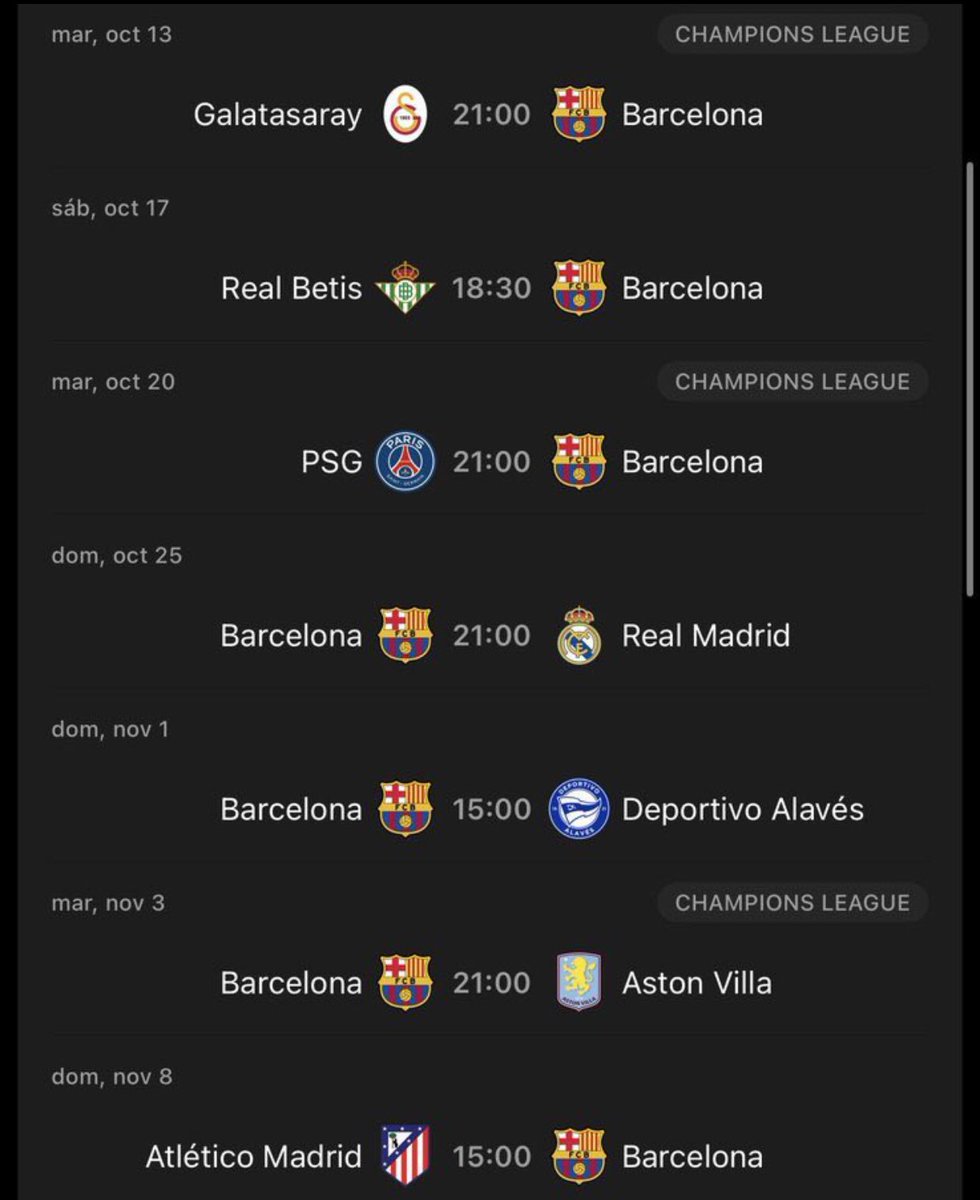 OfficialSuncity's tweet photo. Galatasary 2-5 Barcelona ✅

Real Betis 1 -6 Barcelona ✅

PSG 3-6 Barcelona ✅

Barcelona 5-1 Real Madrid✅

Barcelona 4-0 Alaves✅

Barcelona 8-1 Aston Villa✅

Atletico Madrid 0-4 Barcelona ✅

🔵🔴✅ https://t.co/q8JY5eOBMg