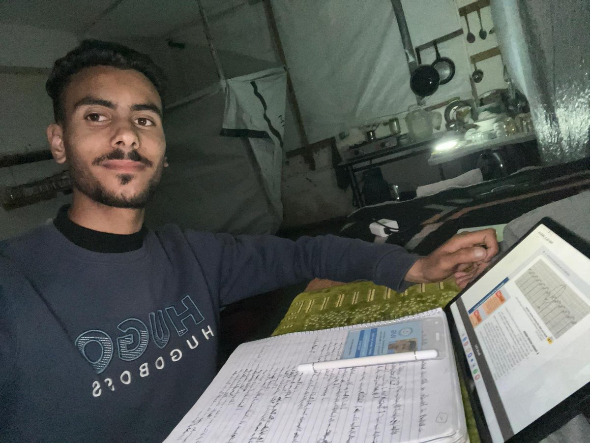 AlmasriHaifa's tweet photo. Someone is sleeping safely and peacefully.

Meanwhile, it’s midnight in Gaza. I’m studying under bombardment, hunger, and fear :

Still studying. Still holding on to my dream. 🇵🇸🩺 https://t.co/pXUEXzXQis