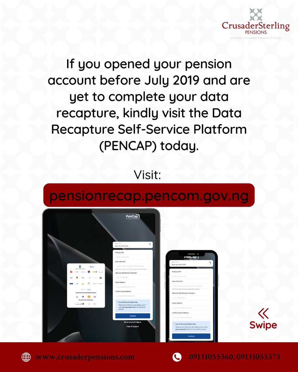 CSPensions's tweet photo. Keep Your Pension Records Up to Date!

Have you completed your Data Recapture? Now is the time to update your details and ensure your pension records are accurate and complete.

Use the link below to complete your Data Recapture: https://t.co/NmbJb1lXiE

#CrusaderSterlingPensions https://t.co/bqZTEt5P9Y