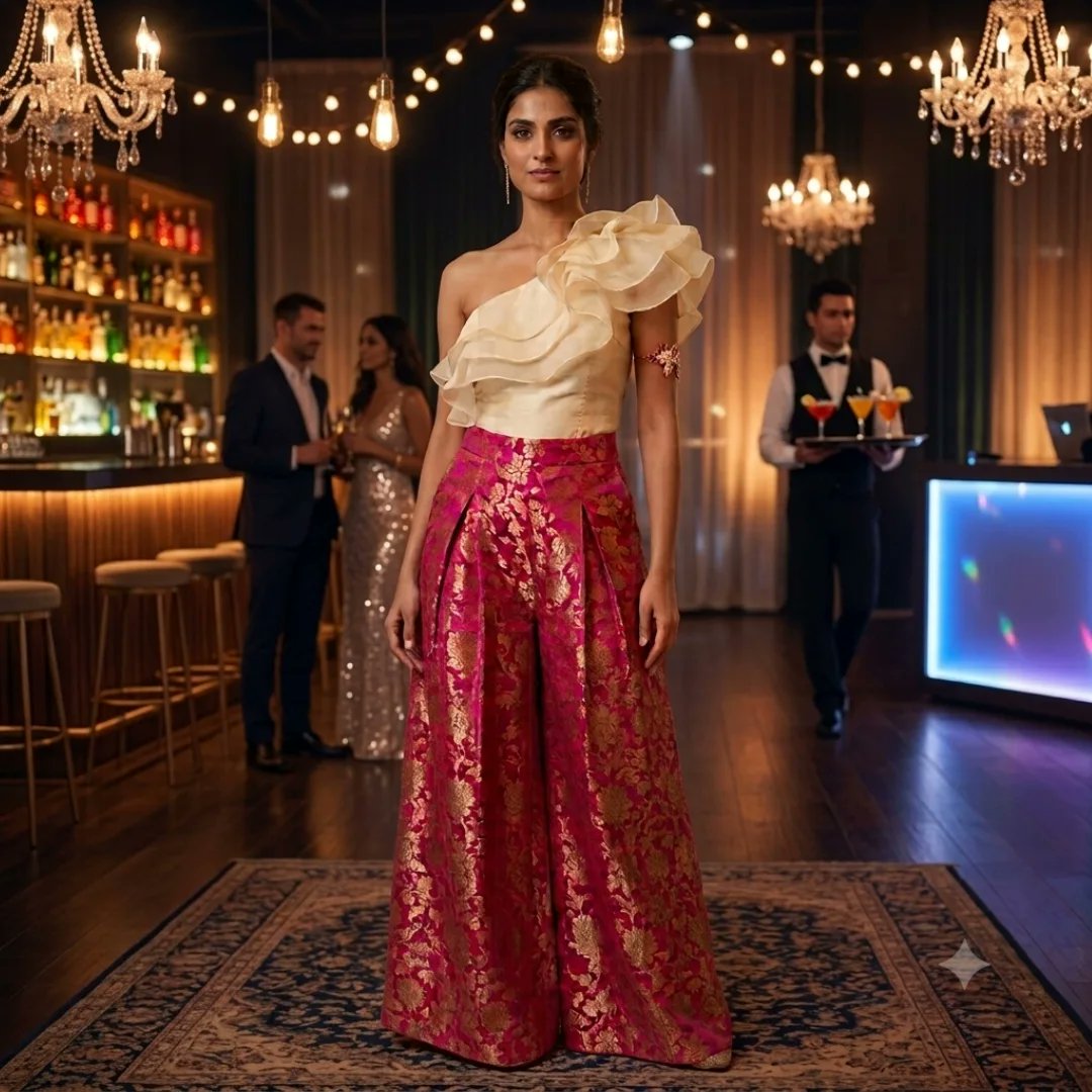 VenusLepp's tweet photo. Ruffles on top, royalty on the bottom. Giving this traditional brocade a modern twist with bold shoulders. Who says you can’t have the best of both worlds? https://t.co/lZ9bocYpD3