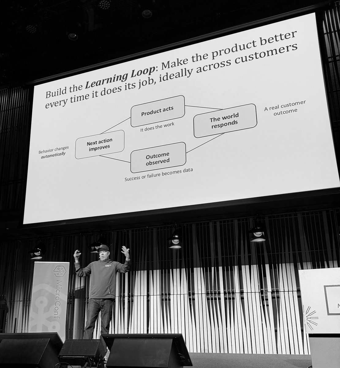 WindAddict's tweet photo. You need to build a learning loop that isn’t exportable or easy to simulate and that applies across all your customers. – @EinarVollset @microconf #microconf #reykjavik #SaaS #AI https://t.co/Oe2DnyiilY
