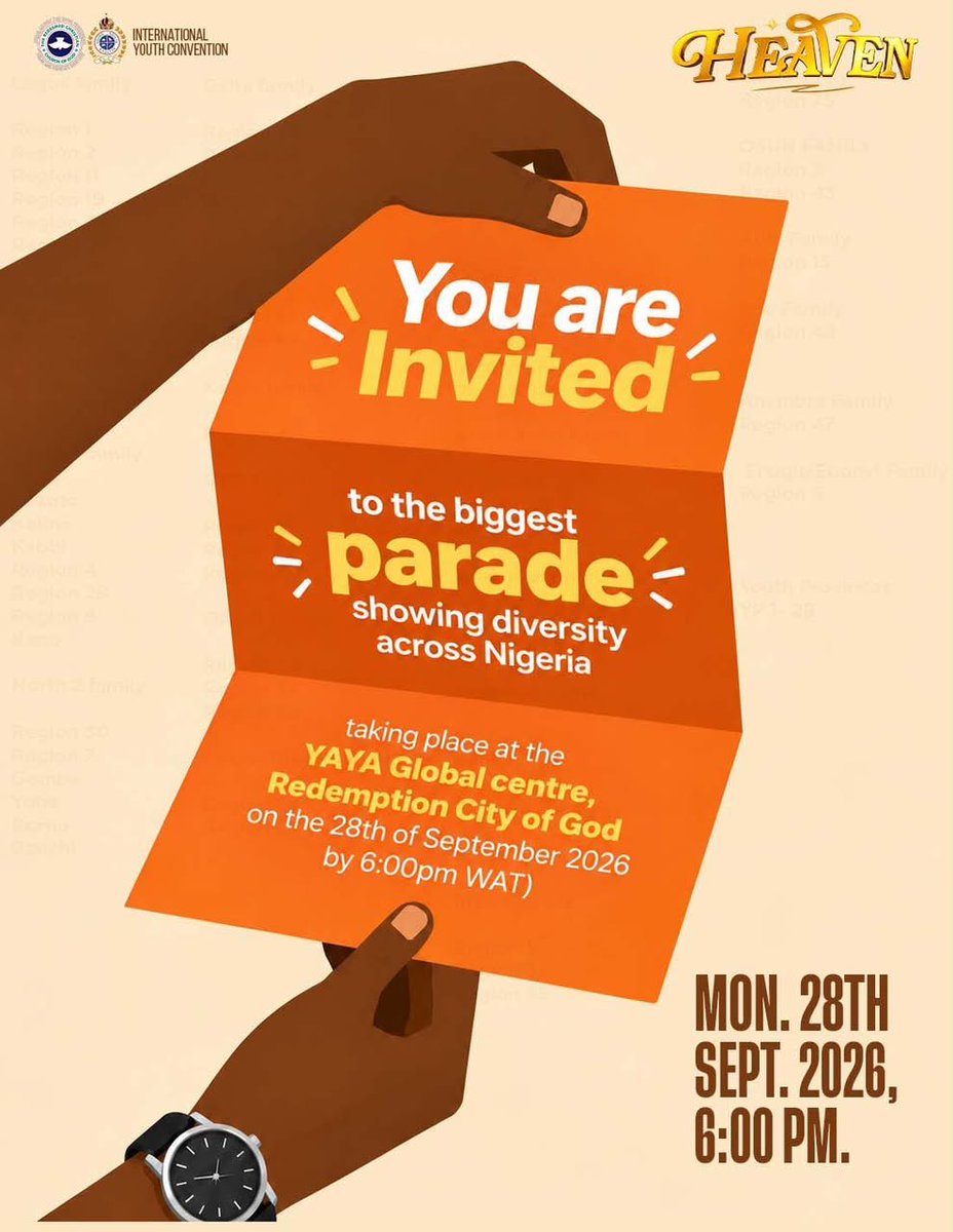 TheRCCGBethel's tweet photo. Nigeria's biggest parade is here. Live at the YAYA Global centre, Redemption city, a moment of diversity awaits you.
Date: 28th of September, 2026
Time: 6pm
Make it a date and time in the presence of the Lord.
#RCCG
#YAYA
#IYC26 https://t.co/veTgNAjgnW