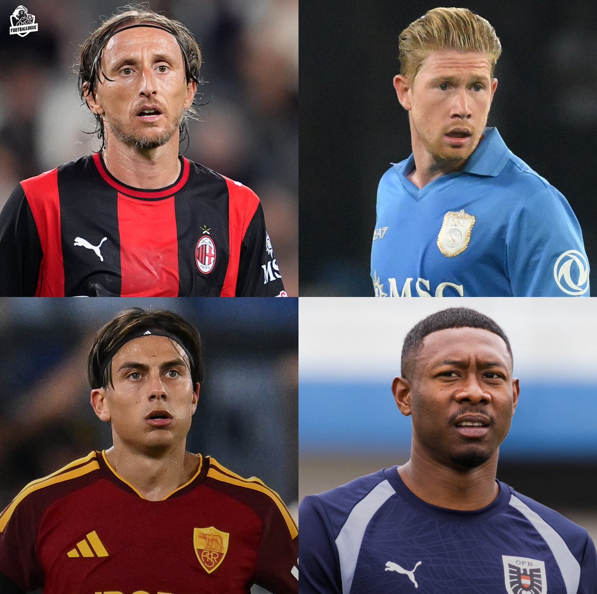 Footballogue's tweet photo. La Serie A réunit encore pas mal de très beaux noms des 𝗔𝗡𝗡𝗘́𝗘𝗦 𝟮𝟬𝟭𝟬 cette saison ! 🥲🇮🇹

🇭🇷 Luka Modric (41 ans / AC Milan)
🇧🇪 Kevin de Bruyne (35 ans / Naples)
🇦🇷 Paulo Dybala (32 ans / AS Roma)
🇦🇲 Henrikh Mkhitaryan (37 ans / Inter)
🇪🇸 David de Gea (35 ans / Fiorentina)
🏴󠁧󠁢󠁥󠁮󠁧󠁿 John Stones (32 ans / Inter)
🇷🇸 Nemanja Matic (38 ans / Sassuolo)

🇦🇹 𝗗𝗔𝗩𝗜𝗗 𝗔𝗟𝗔𝗕𝗔 (34 ans / tout proche de signer à l'Udinese selon @FabrizioRomano ⏳)