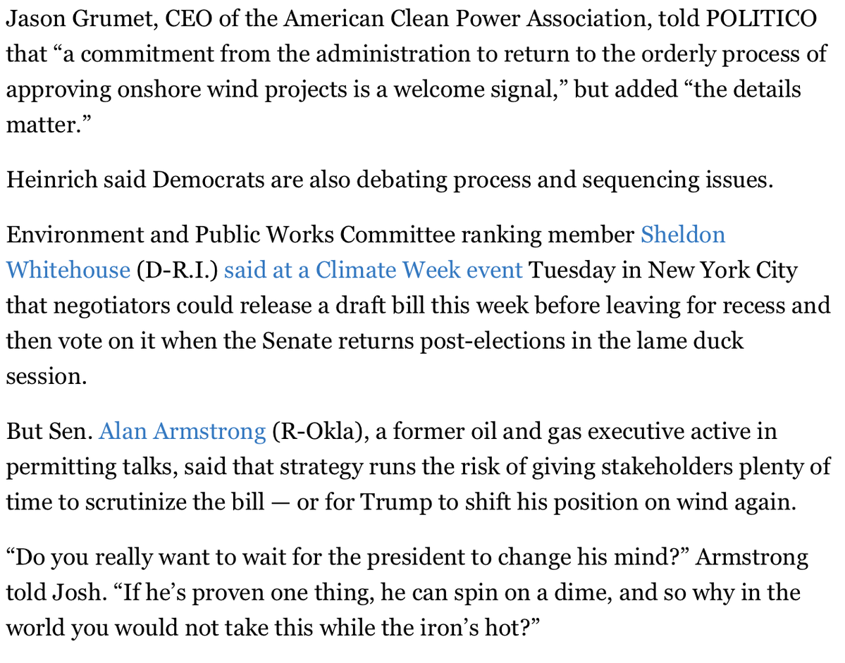 SiegelScribe's tweet photo. NEW: Permitting goes past the 11th hour. Senators are hopeful that Trump’s signal that he would ease his blockade on wind projects will help unlock a deal. ENR ranking member Martin Heinrich told me last night talks are “on the five-yard line, but those five yards are hard” https://t.co/RpWTPfXMSN