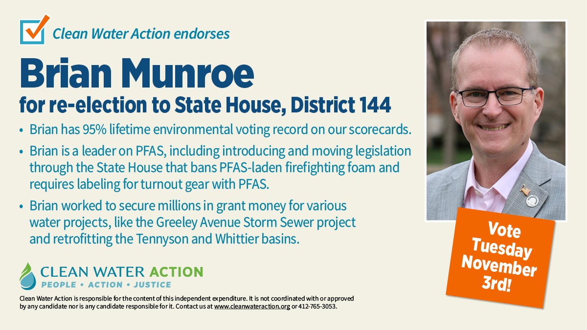 CleanH2OPA's tweet photo. Be a #CleanWaterVoter &amp; help us keep @MunroeforPA in the state legislature. He's serving with integrity; working hard for the #environment as you can see by his voting record in the 1st bullet point; &amp; getting results, as you can by his efforts in the 2nd &amp; 3rd bullet points. https://t.co/Sko5OQI5O7