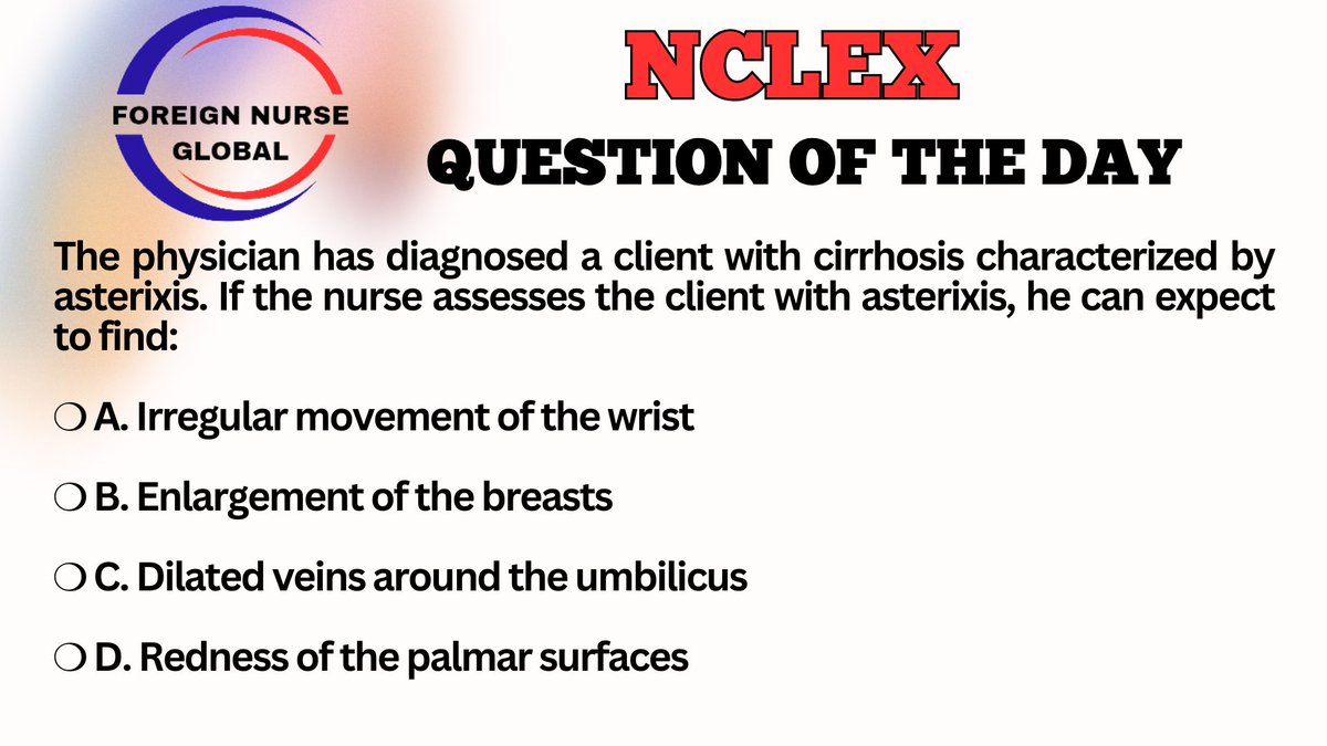 foreignnurseglb's tweet photo. LET'S ATTEMPT NCLEX QUESTION TODAY....
SEND IN YOUR ANSWERS.....
THE CORRECT ANSWER WILL BE POSTED LATER.....
#FNG #foreignnurseglobal #nclexreview #nclexsurepass #nclexmadeeasy #nclexpass #NCLEX #NCLEX_RN #nclexprep #nclexquestions #nclexstudy #nclextips #USRN #nclexpreparation https://t.co/2szAA82kUB
