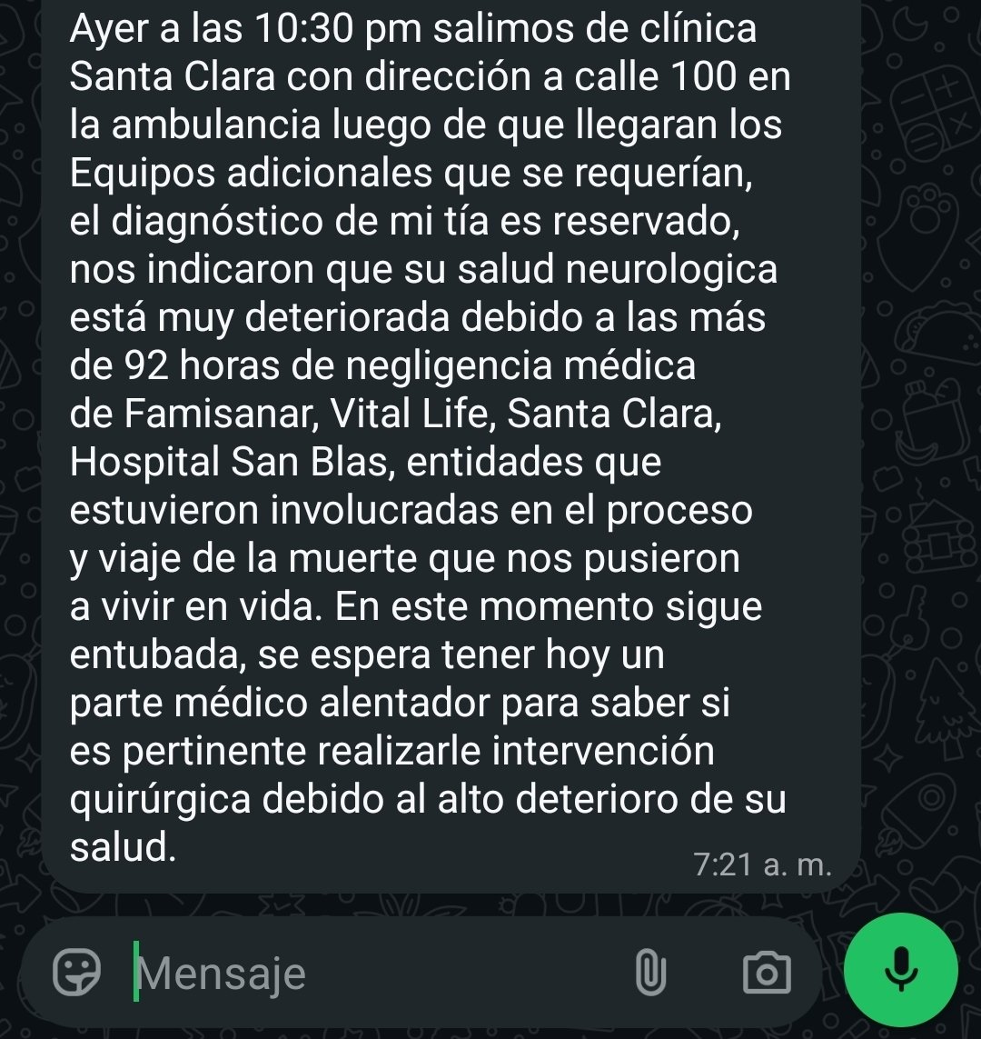 RonnySuarez_'s tweet photo. Marcela llegó anoche a la clínica Colsubsidio de la calle 100 luego de 92 horas de negligencia de @EPS_Famisanar para el traslado. Esto me reporta su familia, que agradece a quienes compartieron el caso y ahora pide oración por el deterioro que sufrió. Seguimos pendientes 👇🏼 https://t.co/Vg2DPYk9aU