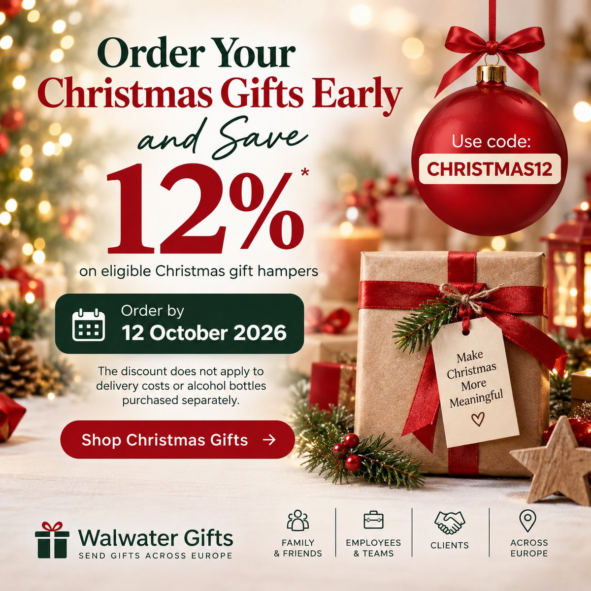 WalwaterE's tweet photo. Early Christmas shoppers save 12%.

Order eligible Christmas gift hampers by October 12, 2026.

🏷️ Code: CHRISTMAS12

The discount excludes delivery costs and alcohol bottles purchased separately.

Shop: https://t.co/XLJLwMxbGP

Order Today.

#ChristmasGifts #ChristmasHampers https://t.co/M6bwZi3mS1