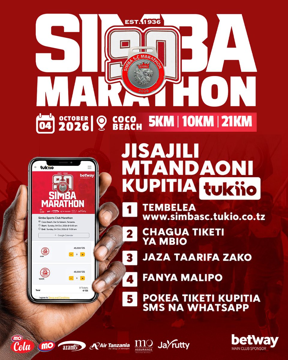 SimbaSCTanzania's tweet photo. Sasa unaweza kujisajili Simba Marathon kupitia Tukiio. Bado hujachelewa, ingia sasa ujisajili kushiriki mbio hizi kubwa nchini. #NguvuMoja https://t.co/Cge4UWjmPe