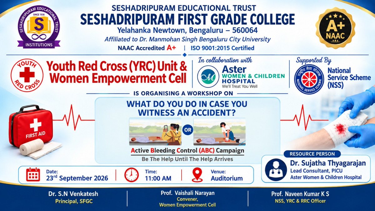 NssSfgc's tweet photo. 🩸 Be the Help Until the Help Arrives! SFGC organised an Active Bleeding Control (ABC) Campaign with Aster Women &amp; Children Hospital, supported by NSS &amp; YRC. Dr. Sujatha Thyagarajan sensitised students on emergency bleeding control and first response.
#ABC #NSS #YRC #SFGC https://t.co/l5IIrqZCs3