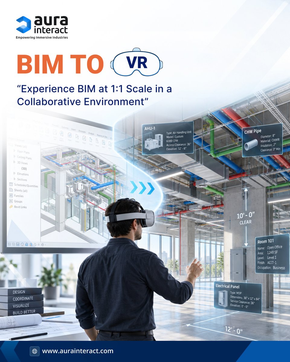 AuraInteract's tweet photo. 🏗️A BIM model can look right on screen. But what changes when you experience it at 1:1 scale in VR? 

See how BIM + VR can support better design reviews before construction.  

Read Full post: https://t.co/XREYfsHfH0 

#BIM #BIMtoVR #VR #AuraInteract https://t.co/TKBGxrA7k6