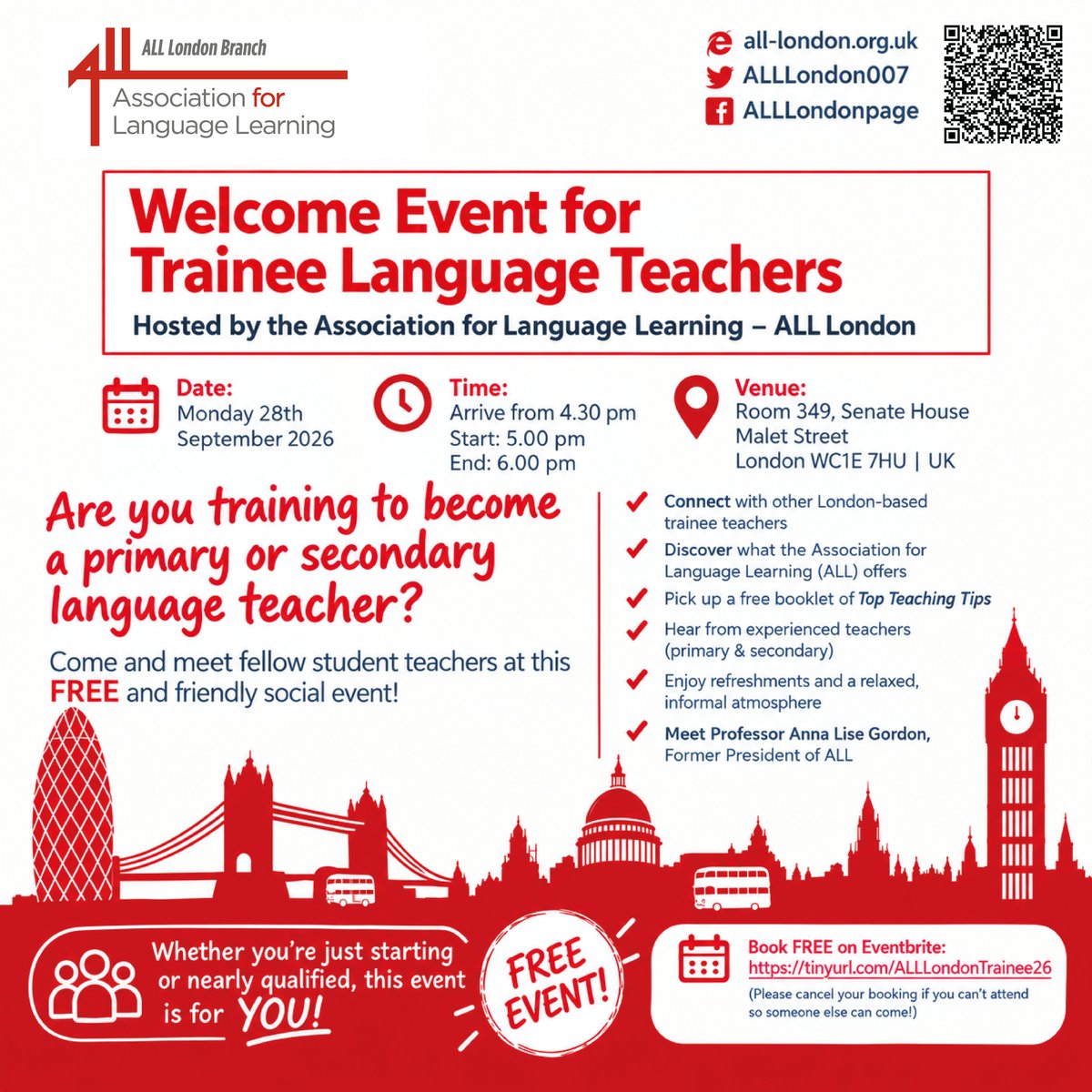 ALL4language's tweet photo. Training to become a language teacher?

Join ALL London for our FREE Welcome Event for Trainee Language Teachers!

📅 28 Sept 2026🕟 4.30–6pm📍Senate House, London

🎟️ Book FREE:  https://t.co/w5c2usROt0

#LanguageTeachers #TeacherTraining #ALL4Languages https://t.co/iHK8bwCTxE