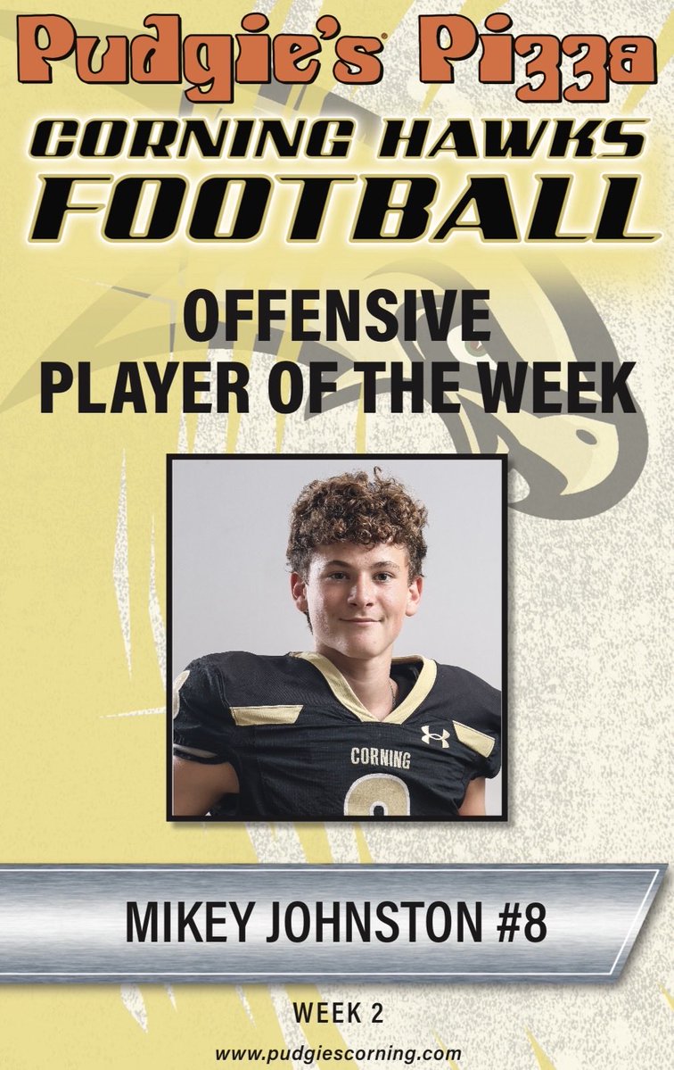 corningfootba11's tweet photo. Corning Pudgies Pizza Players of the Week for Week #2 vs. Utica Proctor.
Congratulations Mikey Johnston, Cam Anderson, Jaydon Craft and Jacob Deneka 💪🏼🙌🏼💛🖤🏈 https://t.co/637ovCX2Y4