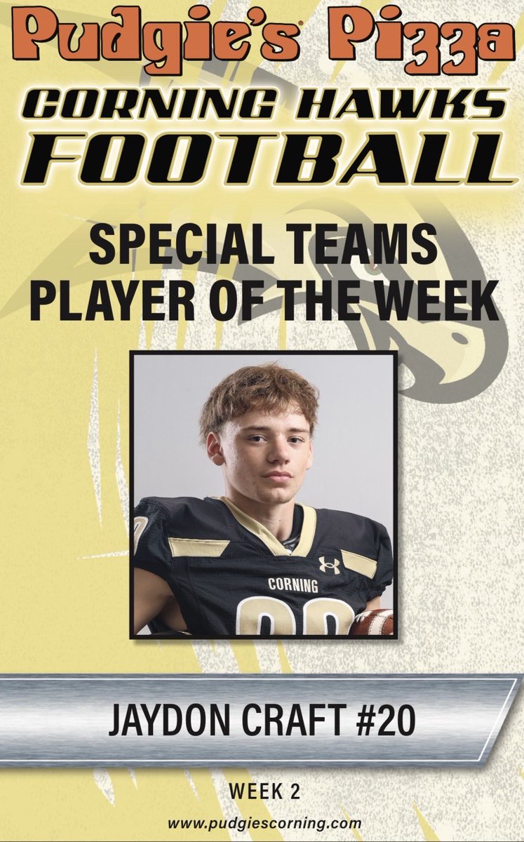 corningfootba11's tweet photo. Corning Pudgies Pizza Players of the Week for Week #2 vs. Utica Proctor.
Congratulations Mikey Johnston, Cam Anderson, Jaydon Craft and Jacob Deneka 💪🏼🙌🏼💛🖤🏈 https://t.co/637ovCX2Y4