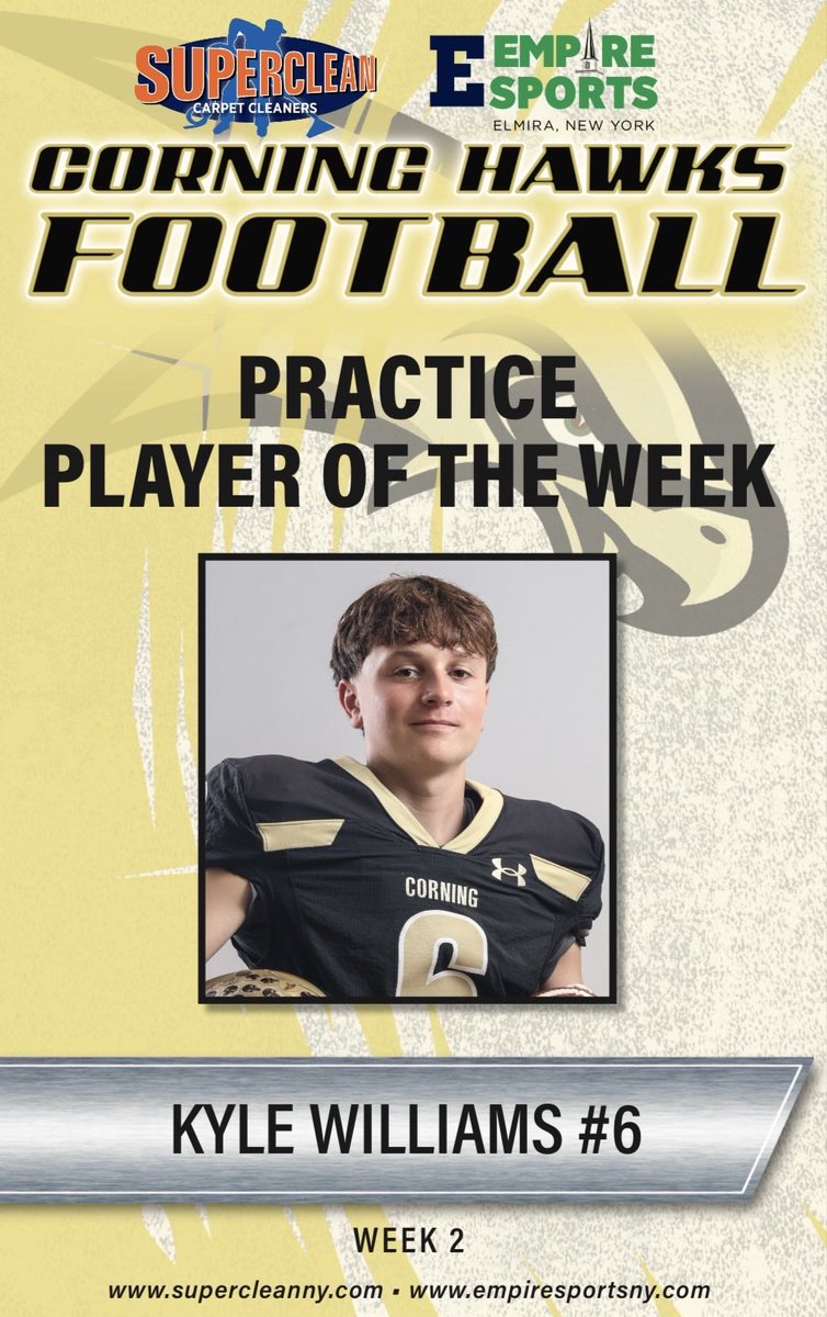 corningfootba11's tweet photo. Super Clean/ Empire Sports Practice Player of the Week for Week #2 vs. Utica Proctor.
Congratulations Kyle Williams💪🏼🙌🏼💛🖤🏈 https://t.co/3QA4LBy3QF