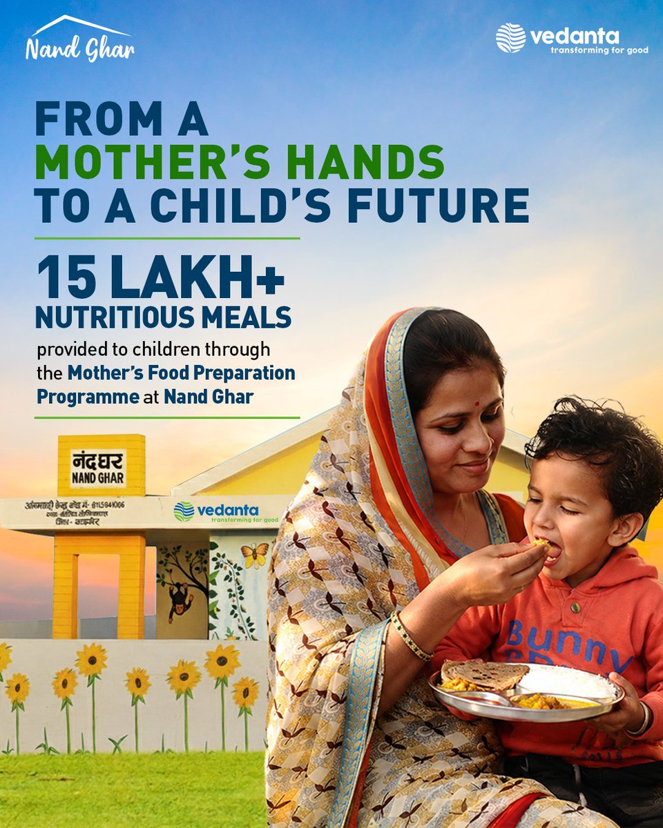 Vedanta_Group's tweet photo. A healthier childhood can start with a mother’s care.

At @nandghar, the Mother’s Food Preparation Programme brings mothers together to prepare nutritious meals for children.

15 lakh+ meals have reached children so far, with 97% of children receiving nutritional support and 97% of centres reporting improved appetite and attendance.

This Nutrition Month, celebrating the mothers making every meal count.

#NutritionMonth #NandGhar #Vedanta #NourishToNurture #TransformingForGood #PoshanMaah #DeshKiZarooratonKeLiye