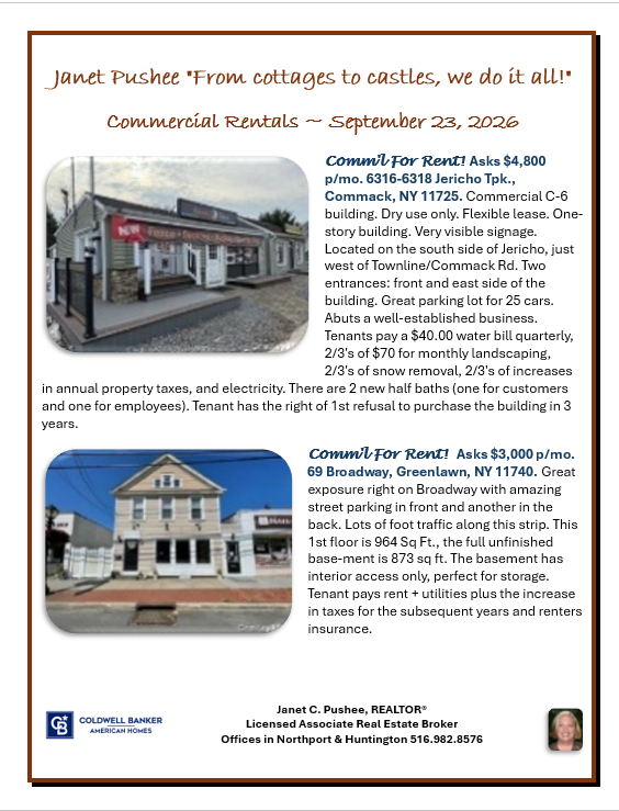 janet_pushee's tweet photo. Janet Pushee ~ Moving the market since 1990! **Commercial RENTALS** #Realtor #ColdwellBanker #RealEstate #Rentals #HouseForRent #CommercialForRent #KingsPark #NewListing #Northport #Huntington #Greenlawn #Greenlawn #FortSalonga #KingsPark #GarageForRent #Apartment #HouseRental https://t.co/nutRCEhuIO
