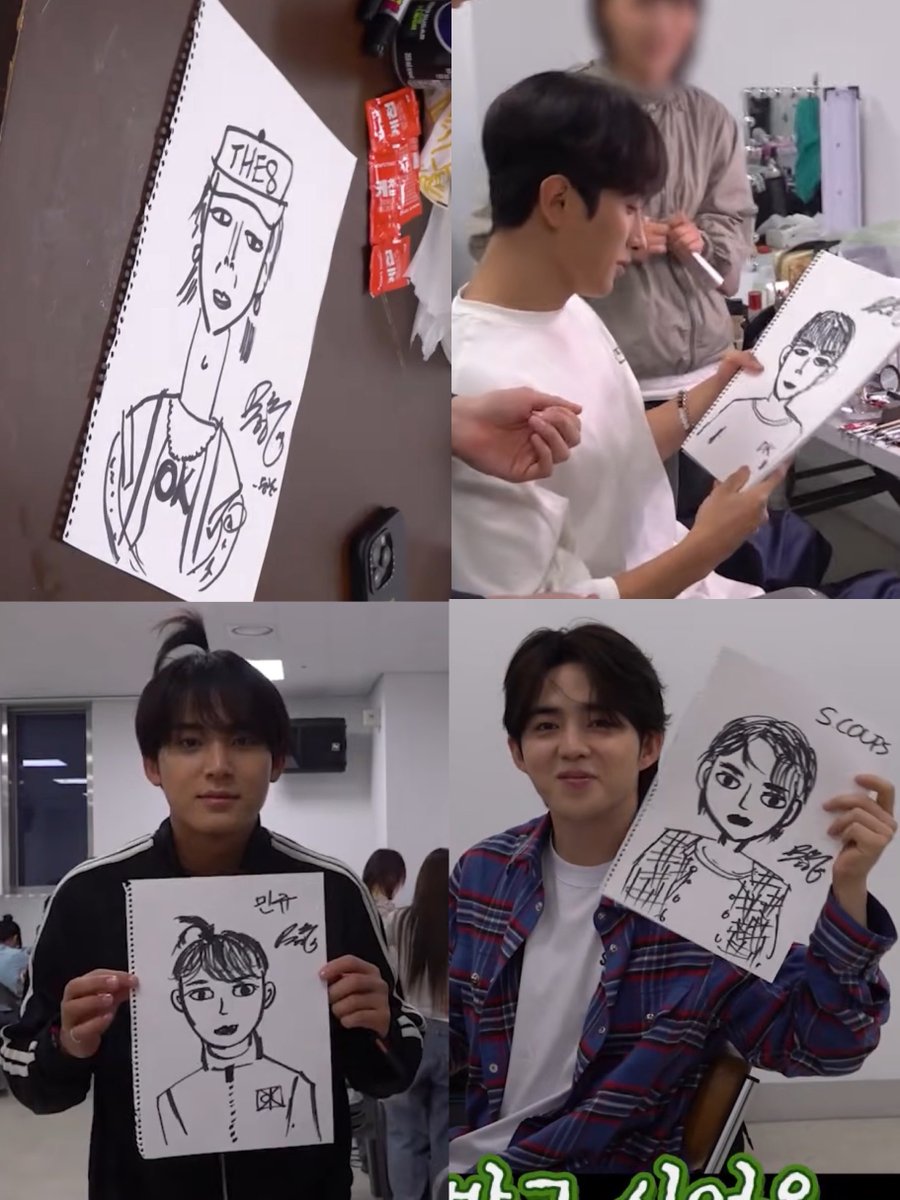 wonubliss's tweet photo. seungkwan drew minghao, dokyeom, mingyu, and scoups! ✍️ https://t.co/v87srhka6W