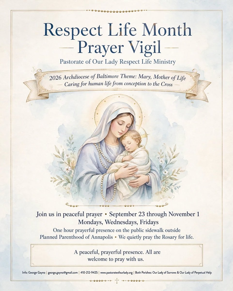 PastorateLady's tweet photo. Prayer Vigils Begin… Looking ahead to Respect Life Month in the Catholic Church

It begins in October, and every year @archbalt does an excellent job providing resources and encouragement to its many parishes. This year prayer vigils will take place three times a week. There’s also a special mass scheduled a holy hour and more.