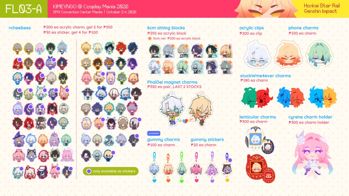 kimeyngo's tweet photo. [🩷+🔄]
#cosmania2026 catalogue! im tabling w oomf hazhe at FL03-A >U<)🫶🫶

🍊 hsr (phaidei), genshin (haikaveh), vtubers, a3!, tamon's b-side, alien stage, and others
💌 map &amp; stamp rallies in thread

1/2
#FanfairatCosplayMania2026 https://t.co/TNNdHlR307
