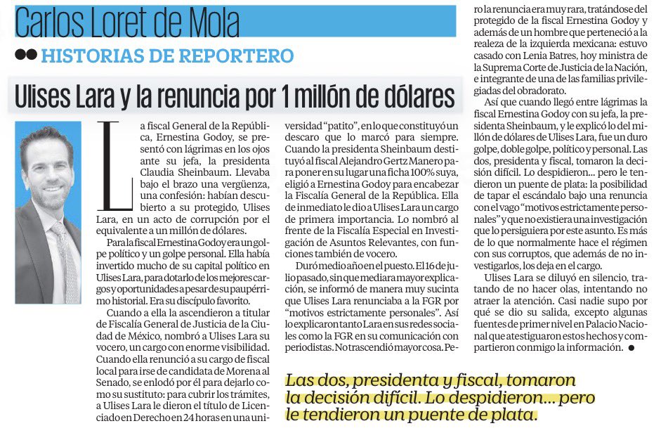 bereaguilarv's tweet photo. ¡Ya salió el peine! ¿Por qué creen que despidieron a Ulises Lara? ¡Por ladrón! 
Se robó un millón de dólares. 
 La fiscal Ernestina y Sheinbaum tomaron la difícil decisión de despedirlo pero como es SU corrupto, le tendieron un puente de plata. 
@CarlosLoret https://t.co/SB5fH9ax8f