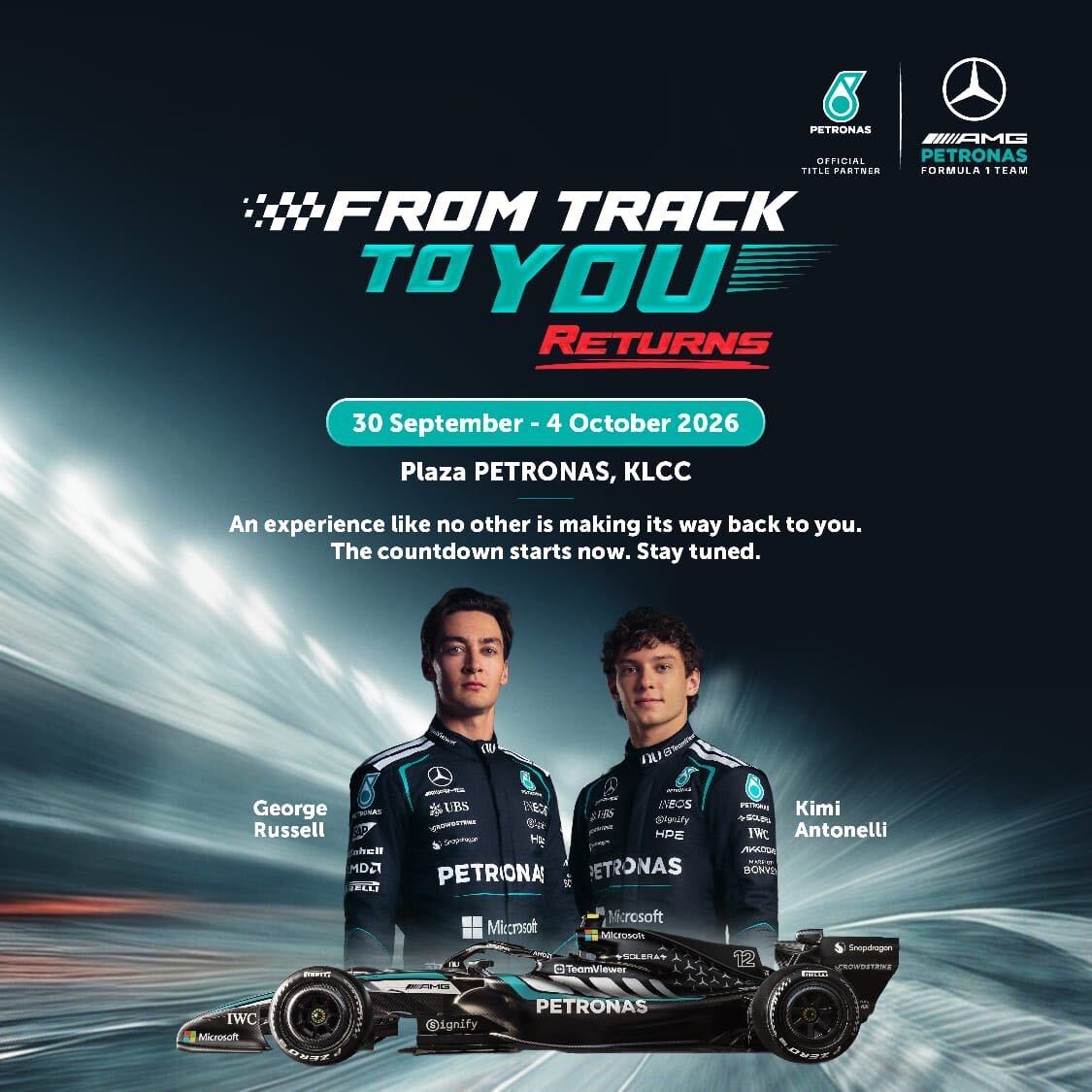 PET_Motorsports's tweet photo. It’s getting closer. 👀🏁

From Track To You is making its return to Plaza PETRONAS, KLCC and this time it's bigger than ever! 🏎️‍

30 September – 4 October 2026

Stay tuned for more information ⌛

#FromTrackToYou #PETRONAS #MercedesAMGF1 #F1 #KLCC https://t.co/dk5sixRldW
