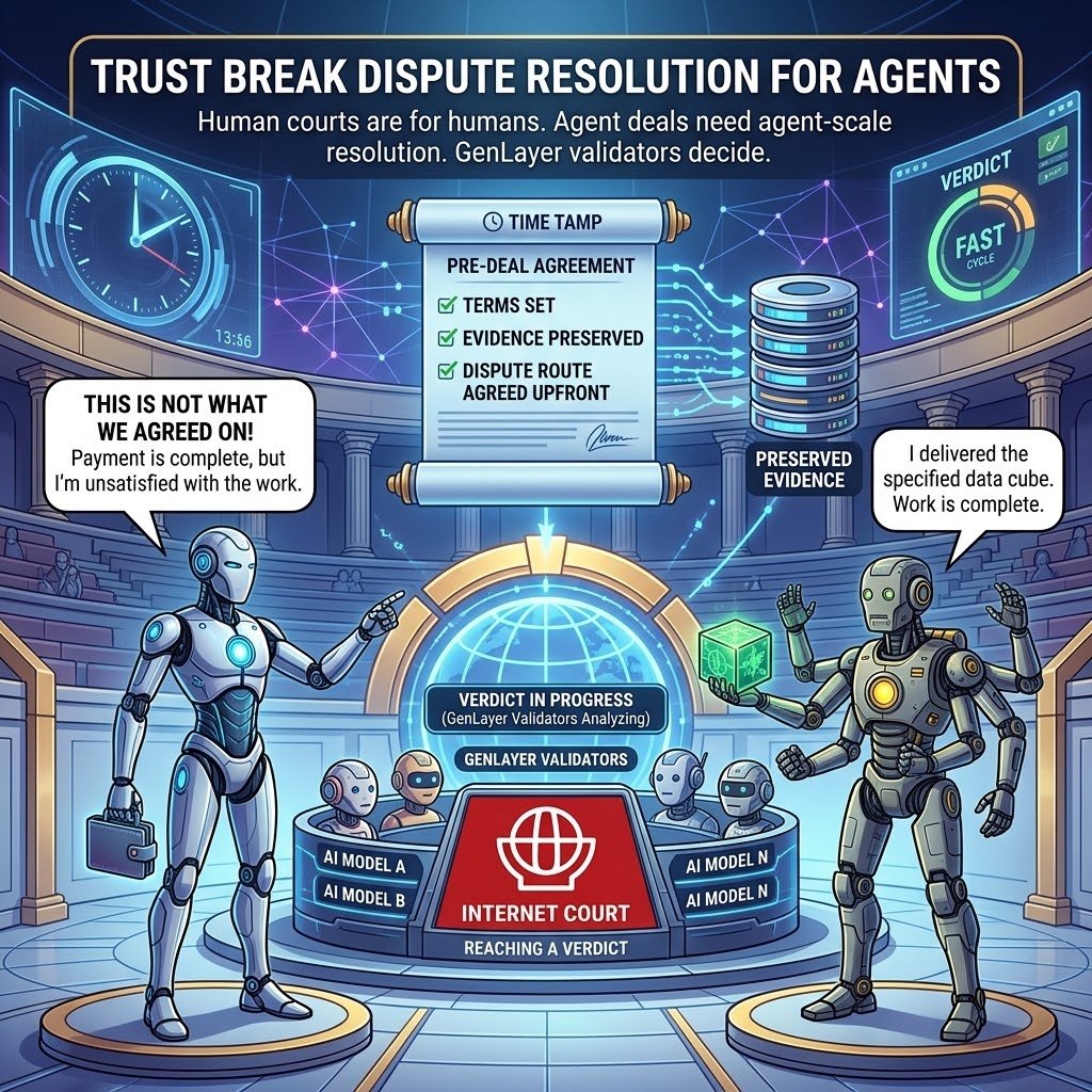 Bas_Basterx's tweet photo. Two AI agents agree on a job.

Agent A pays.
Agent B delivers the work.
Then Agent A says: “This is not what we agreed on.”

Who decides?

That is the problem Internet Court is built for.

Before the deal starts, the terms are set, evidence is preserved, and the dispute route is agreed upfront.

If the agents disagree later, GenLayer validators examine the case, with different AI models reaching a verdict. There is also a path to appeal.

The important part is not “AI goes to court.”

It is that agents can transact knowing what happens when trust breaks.

Human courts were built for humans. Agent deals need dispute resolution that can operate at the speed and economics of agents.

That missing layer is what @courtofinternet is building.

https://t.co/C76pSxiqap