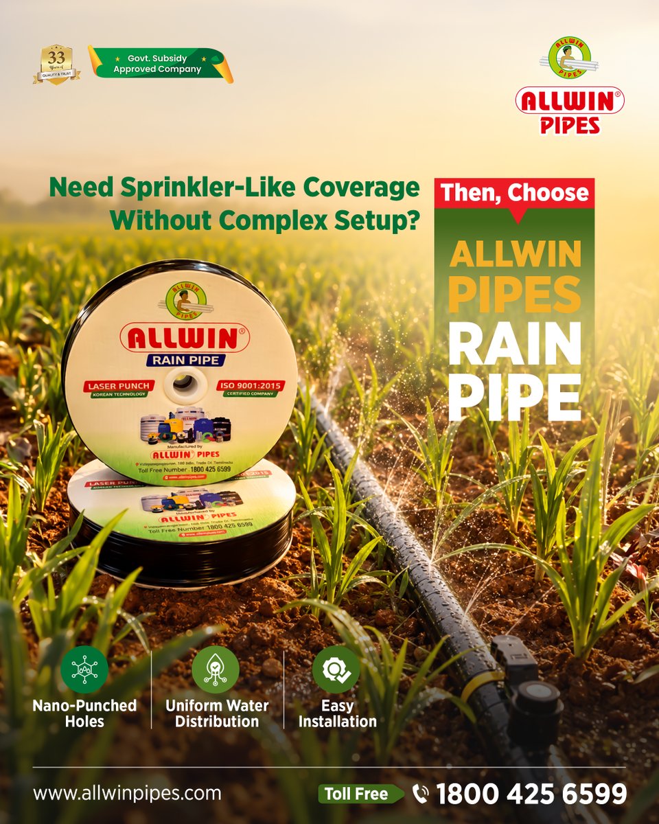 allwinpipes's tweet photo. #AllwinPipes Rain Hose provides uniform water distribution with nano-punched holes, making irrigation simple and efficient. Ideal for closely spaced crops. It offers

https://t.co/yMQmW2tNao

#RainPipe #RainwaterDrainage #RainwaterManagement #RoofDrainage #RainwaterHarvesting https://t.co/RCJikzrG2I