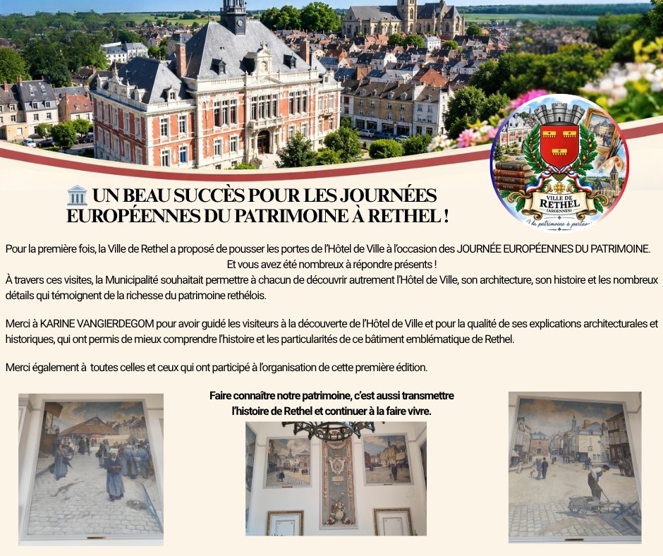 VILLEdeRETHEL's tweet photo. 🏛️ UN BEAU SUCCÈS POUR LES JOURNÉES EUROPÉENNES DU PATRIMOINE À RETHEL !

https://t.co/fWjamXJ78i
.
.
#VilleDeRethel #Rethel #JournéesDuPatrimoine #JEP2026 #Patrimoine #Histoire #Culture #HôtelDeVille https://t.co/5FhdwcGSyz