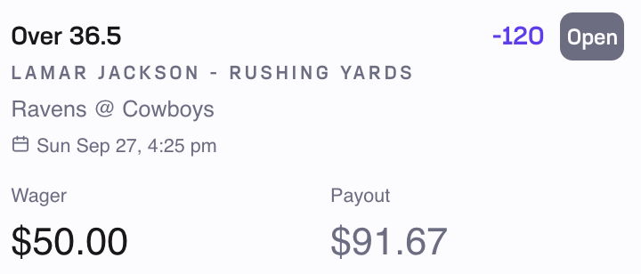 GasMoneyPlays's tweet photo. Sunday 9/27:

Lamar Jackson OVER 36.5 rush yards -120 (2u) - Hard Rock

Cowboys defense has leaked rush yardage to QBs. Allowed 67 to Jayden Daniels (didn't play full game) and 54 to Jaxson Dart. This line won't last long. https://t.co/Ut8RUF2ikW