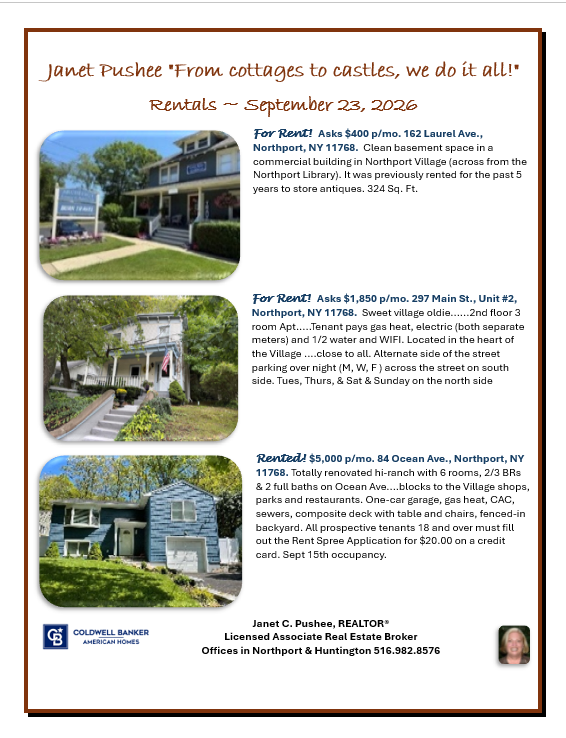 janet_pushee's tweet photo. Janet Pushee ~ Moving the market since 1990! **RENTALS** #Realtor #ColdwellBanker #RealEstate #Rentals #HouseForRent #CommercialForRent #KingsPark #NewListing #Northport #Huntington #Greenlawn #Greenlawn #FortSalonga #KingsPark #GarageForRent #Apartment #HouseRental #Centerport https://t.co/mjqI2BbchZ