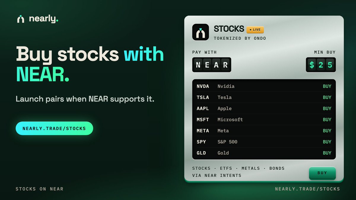 nearlytrade's tweet photo. You can now buy tokenized stocks on $NEAR. 
Stock pairs come as soon as NEAR supports it.
https://t.co/QwFkUsFSND https://t.co/TQEtukSsQH