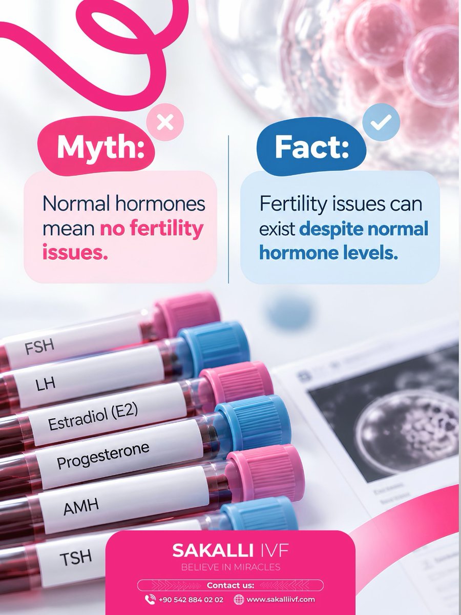 SAKALLIIVF's tweet photo. Normal hormone levels don’t always mean fertility is normal. 🧬 

Fertility depends on many factors, including egg quality, tubes, uterus, sperm, genetics and age. 

A complete assessment looks at the bigger picture. 🤍

🌐 https://t.co/vxruibCtIf 📞 +90 542 884 02 02 https://t.co/KNy0oxC6km