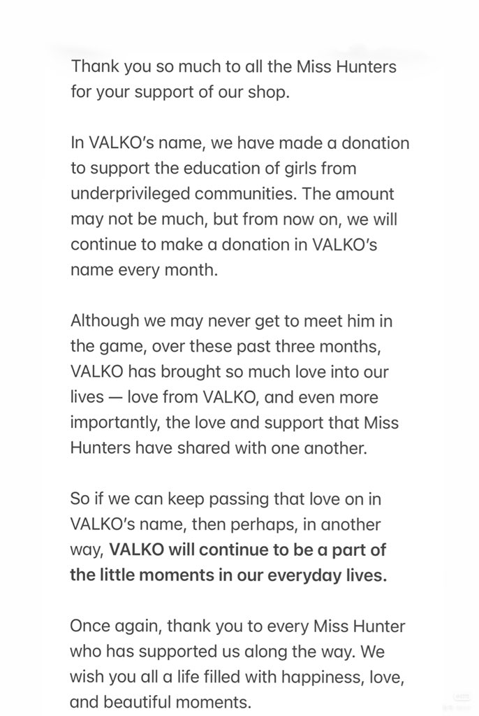 linkonshop's tweet photo. In VALKO’s name, we have made a donation to support the education of girls from underprivileged communities. The amount may not be much, but from now on, we will continue to make a donation in VALKO’s name every month. #valko #bringvalkoback #loveanddeepspace #fyp https://t.co/Moy9QdCsHD