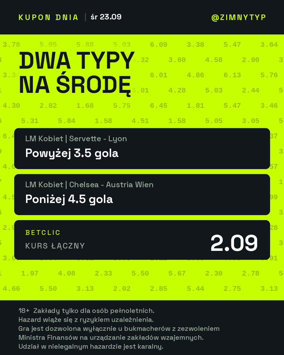 zimnytyp's tweet photo. LM

Servette - Lyon: over 3.5 gola
Lyon wygrał 3 mecze ligowe 22:3, a w LM ze szwajcarskim FC Zürich grał 8:0, 9:0, 3:0 i 4:0.

Chelsea - Austria Wiedeń: under 4.5 gola
W niedzielę derby z Arsenalem, więc rotacja jest prawdopodobna. Bez Lauren James i Ramírez.

#UWCL 18+ https://t.co/vnnFoGYjwJ