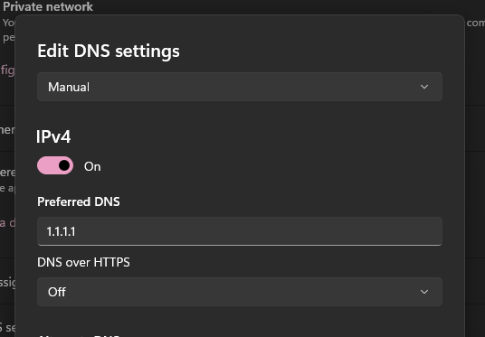 usagiamaiVT's tweet photo. PSA for PH peeps not being able to access discord!

On Windows 11, just go to the Start Menu>Settings>DNS Server Assignment>Edit DNS settings, then change it to Manual, then enter preferred DNS as 1.1.1.1! https://t.co/C8xlyEkARw