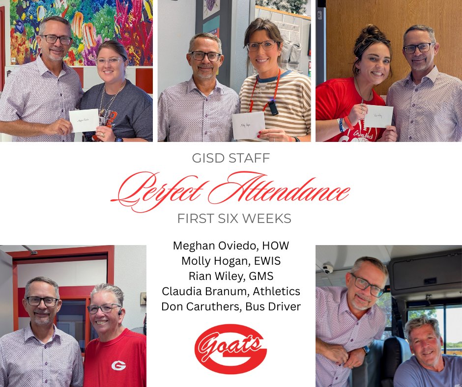 GroesbeckHOW's tweet photo. 🎉 Perfect Attendance Winners! 🎉

We’re celebrating our staff members who have had perfect attendance for the first six weeks! 👏

Congratulations, and thank you for making Groesbeck ISD what it is! 🌟 https://t.co/es4WxDMO8d