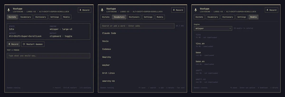 altemore's tweet photo. @dhh I made a Voxtype plugin for Omarchy. 
Manage it from the bar instead of config.toml: switch models, turn on GPU, add vocabulary so it gets your own terms right, and dictionary rules so saying "slash commit" types /commit into your agent prompt.

https://t.co/v1cIleP1Pq https://t.co/kKsUdW3TyZ