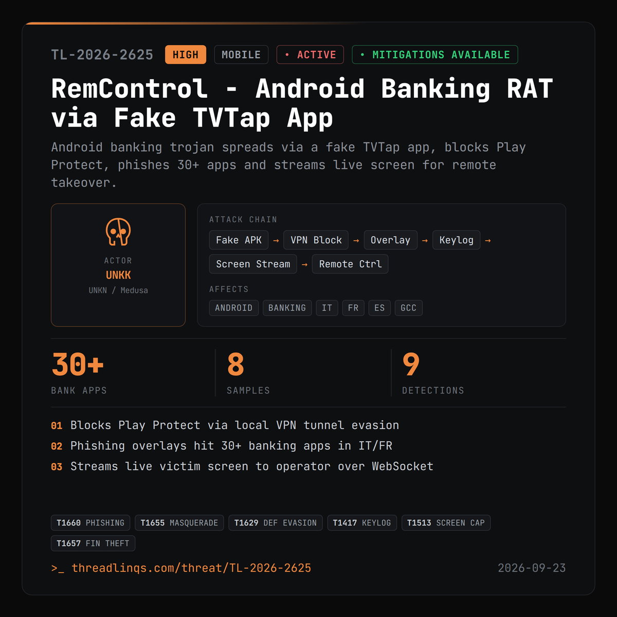 threadlinqs's tweet photo. Fake TVTap app blocks Play Protect, then streams your phone screen live to a scammer's control panel. https://t.co/PxzvrZUHOg #ThreatIntel #RemControl #MEDUSA #FastAPI https://t.co/vcP9Ab7fSo