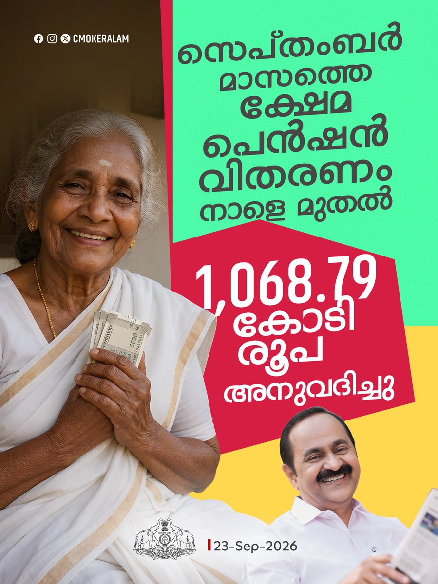 CMOkeralam's tweet photo. ക്ഷേമപെൻഷൻ വിതരണം നാളെ മുതൽ (സെപ്തംബർ 24 വ്യാഴം) https://t.co/XVbUBZuyRw