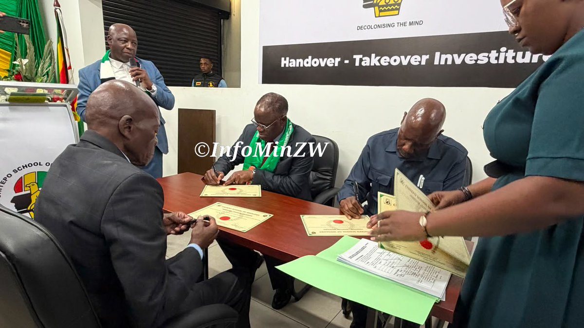 InfoMinZW's tweet photo. Harare 
23/09/26

Minister of State for Provincial Affairs and Devolution, Hon Sen C. Z. Tawengwa today officiated at the Chitepo School of Ideology handover where outgoing Principal Cde Ishmael Mada handed over to incoming Acting Principal Col (Rtd) Ernest Dube. 

In his remarks Hon. Sen. Tawengwa said the Chitepo School of Ideology plays a critical role in equipping cadres with liberation history and revolutionary party principles to advance Vision 2030 under "Nyika inovakwa nevene vayo." He urged Col. (Rtd) Dube to build on Cde Mada's work to produce disciplined, patriotic cadres and assured continued support from Government.