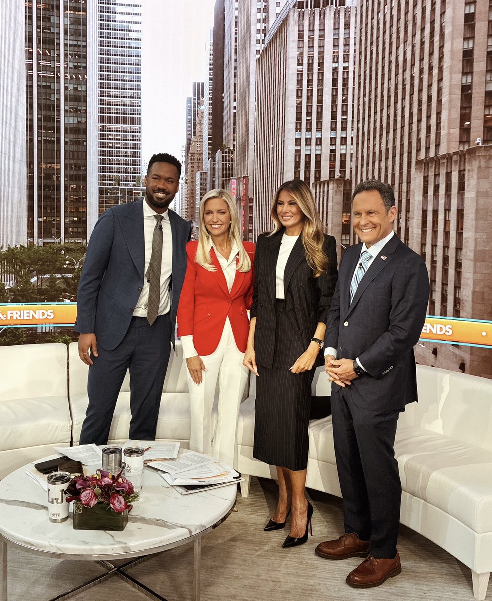 ainsleyearhardt's tweet photo. First Lady Melania Trump is launching Imperia during UNGA week. What a privilege to see her in studio today!  @MELANIATRUMP @kilmeade @LawrenceBJones3 https://t.co/n7idWX6KsC