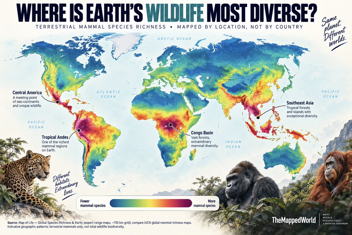 TheMappedWorld's tweet photo. Where is wildlife most diverse on earth? https://t.co/68SYFhBmQx