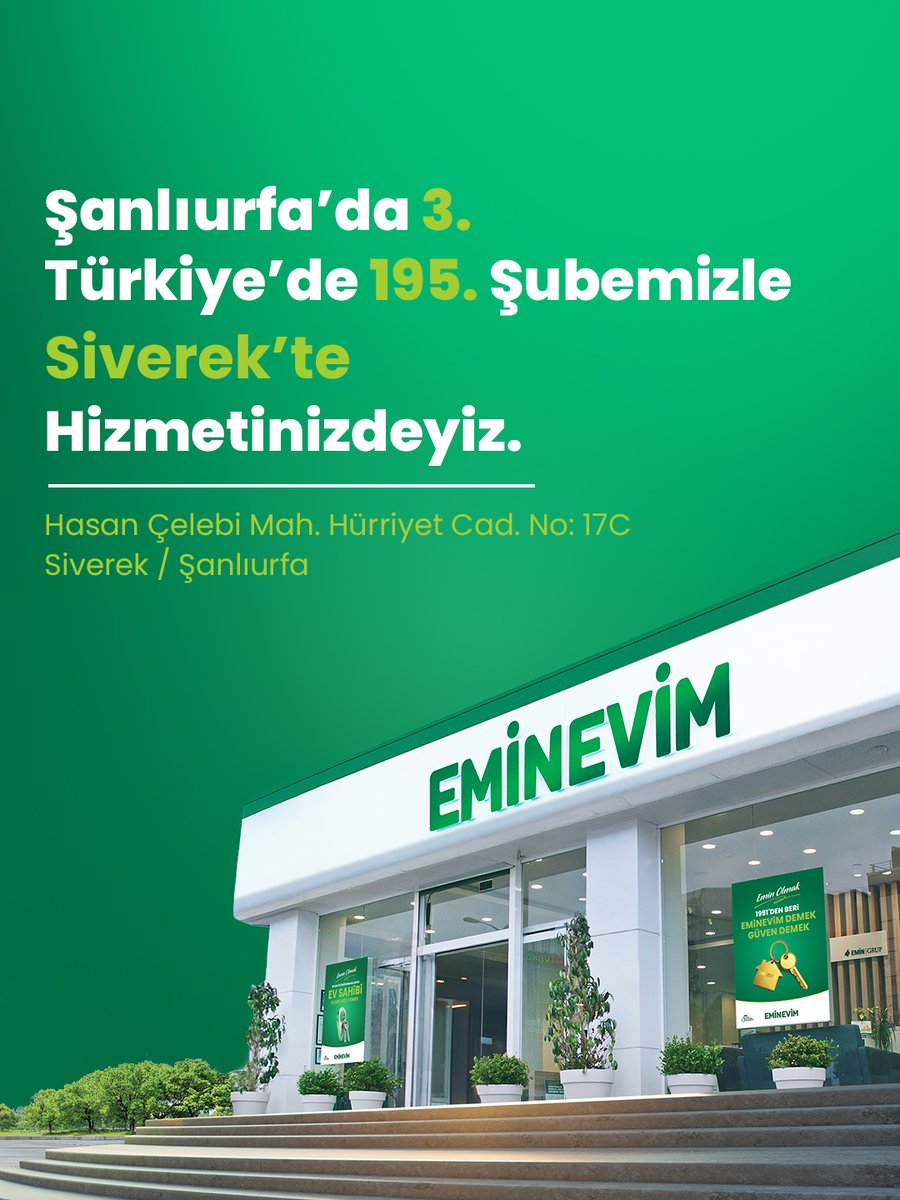 eminevim's tweet photo. Şanlıurfa'da 3., Türkiye’de 195. şubemizle Siverek'te hizmetinizdeyiz. Siz de ev, araç ve iş yeri hedefinize tam zamanında kavuşmak için şubelerimizi ziyaret edebilirsiniz.
#Eminevim #Şube #Şanlıurfa https://t.co/nLZ08qWYMO