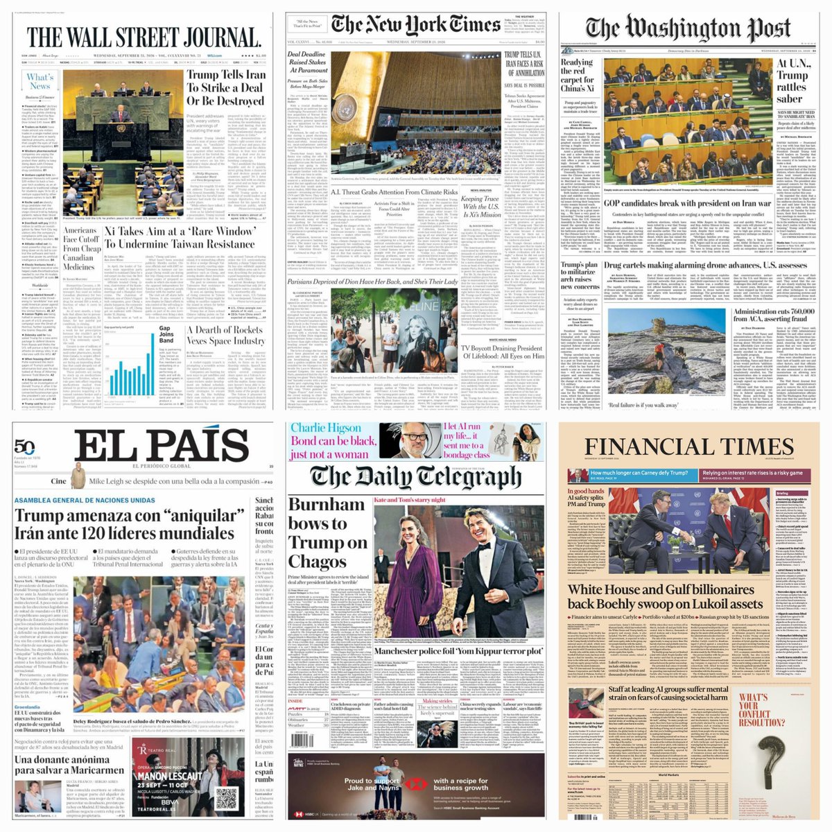 daniellemx_'s tweet photo. Periódicos en el mundo... #wallstreetjournal #newyorktimes #thewashingtonpost #elpais #thedailytelegraph #financialtimes #september23 https://t.co/89xZkfBWX5