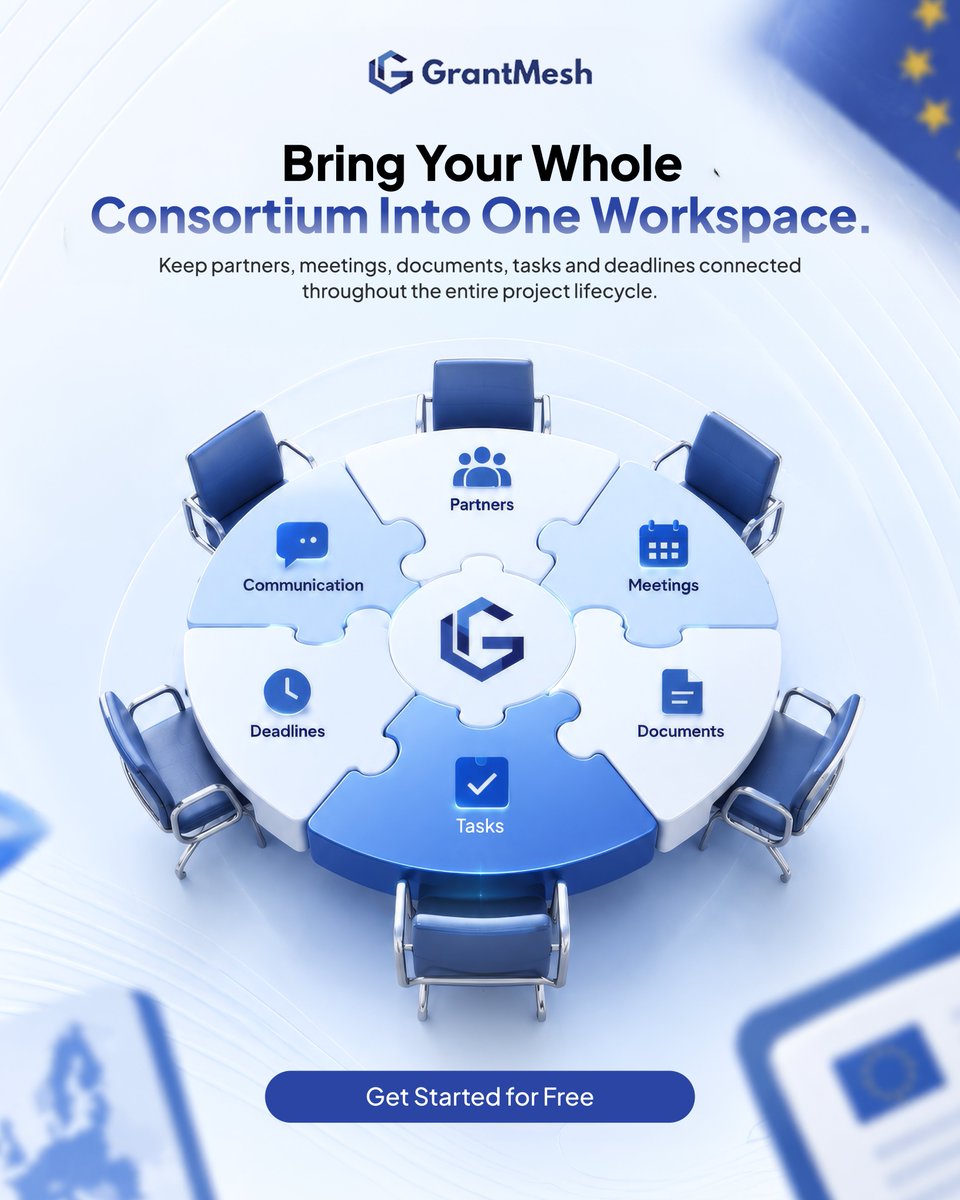 GrantMesh's tweet photo. Your consortium shouldn't be managed across emails, spreadsheets and shared folders.

GrantMesh keeps partners, tasks, meetings, documents and deadlines connected in one workspace.

One workspace. Every partner. Every project.

Start for Free.

#GrantMesh #EUProjects #ErasmusPlus https://t.co/tWKueuMm5N