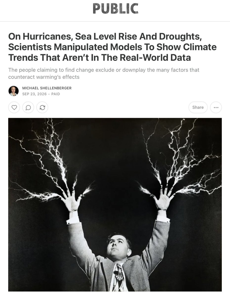 shellenberger's tweet photo. Climate change makes hurricanes more frequent and intense, they said. But for the first time in 112 years, the Atlantic hasn't produced a single one. On storms, sea level, and droughts, manipulated models can show, under equally valid assumptions, the exact opposite trends. https://t.co/wvlWCj7cGa