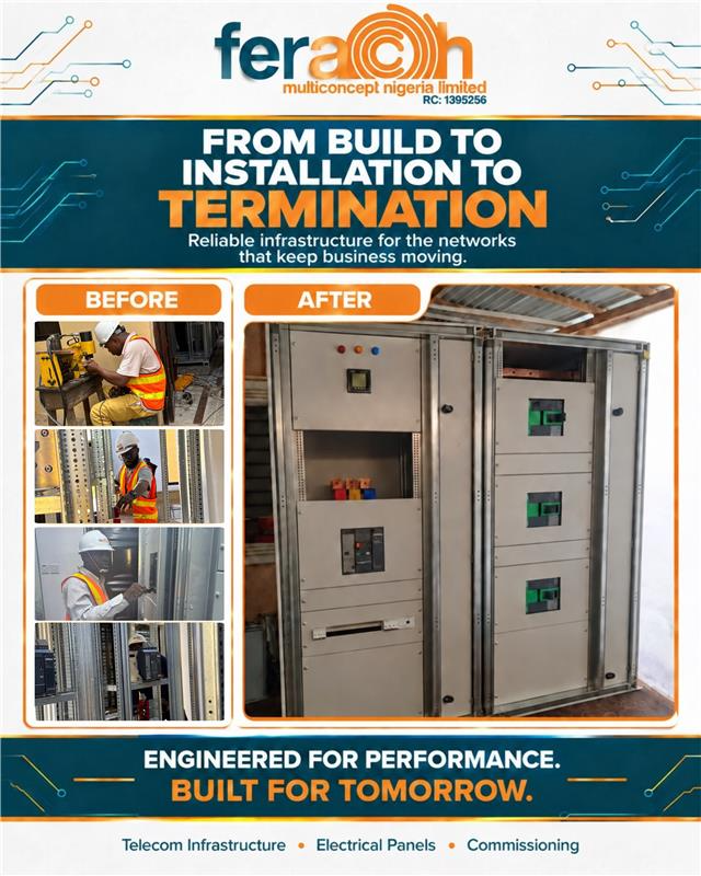 Ferach_M_N_LTD's tweet photo. From build to installation and termination, Ferach delivers dependable telecom and electrical infrastructure, engineered for safety, reliability, precision, and performance. #Ferach #TelecomInfrastructure #NigerianEngineering #ElectricalEngineering https://t.co/HzO6HUTUvu