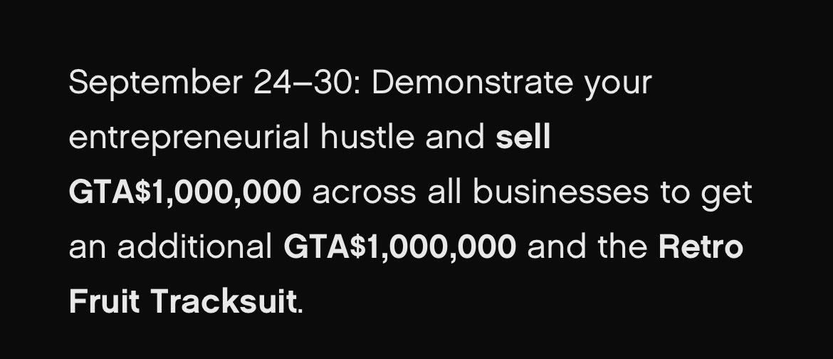 DogManX31's tweet photo. 🚨 STOCK UP!

Tomorrow, sell a TOTAL of GTA$1,000,000 across your businesses to unlock the Retro Fruit Tracksuit + GTA$1,000,000 bonus! 💰

Easiest move? Have your Bunker or Nightclub ready to sell.

ARE YOU READY?! 🔥

#GTAOnline #GTAV https://t.co/X1Gzb8NbRj